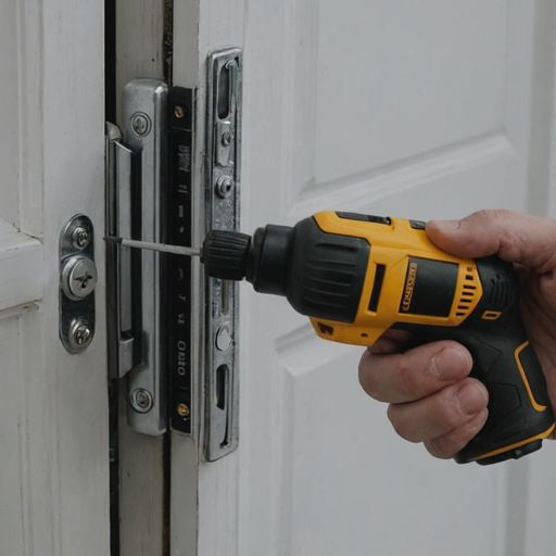 Person fixing sliding door handle with tools