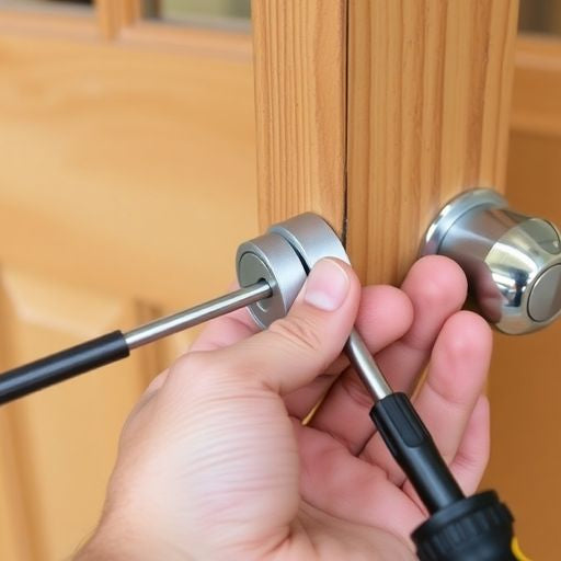 Hand replacing a patio door lock with tools nearby.