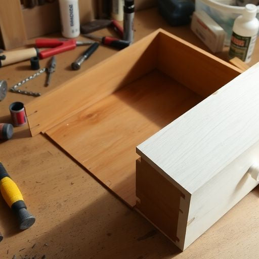 Tools and drawer parts on a workshop table.