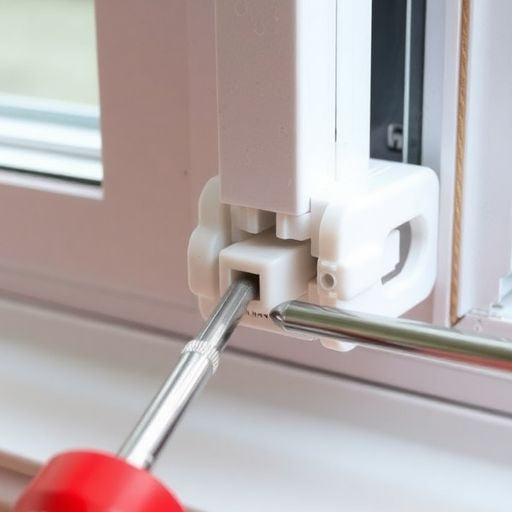 Close-up of aluminum window pivot lock shoe replacement.