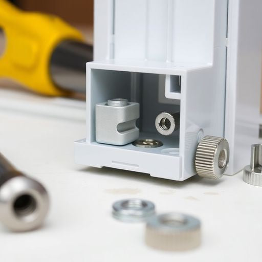 Close-up of an aluminum window pivot lock shoe.
