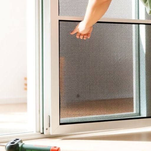Person removing sliding screen door with tools nearby.