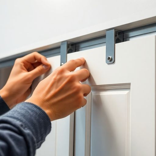 Hands adjusting sliding closet doors in a workspace.