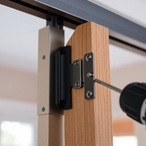Close-up of swinging door installation with tools.