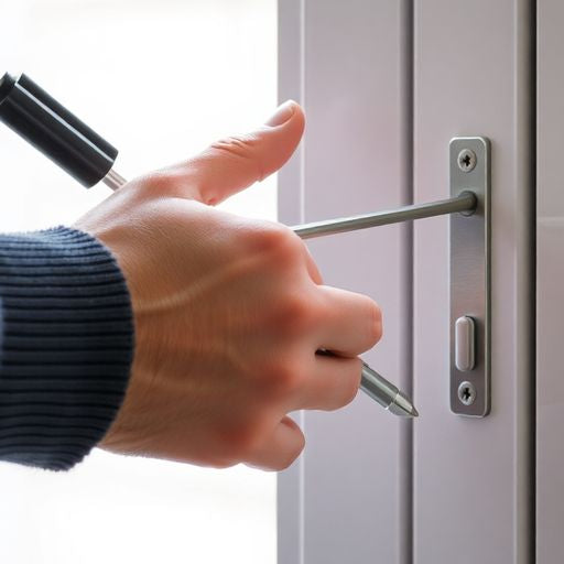 A person opening a locked window carefully with a tool.