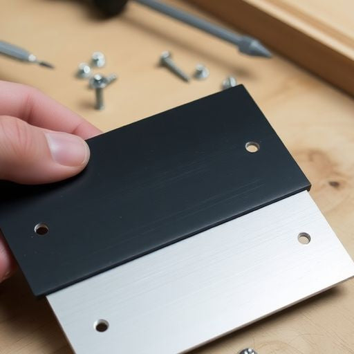 Hand holding a mending plate with tools nearby.