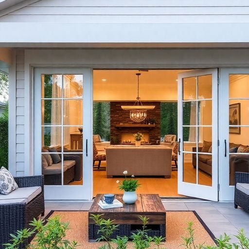 Stylish patio doors opening to a lush outdoor space.