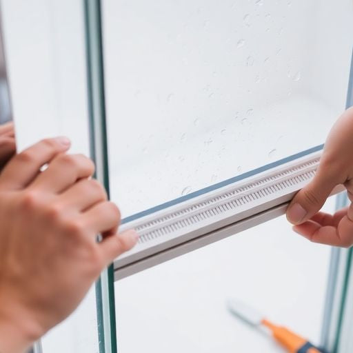 Hands installing a new shower door sweep.