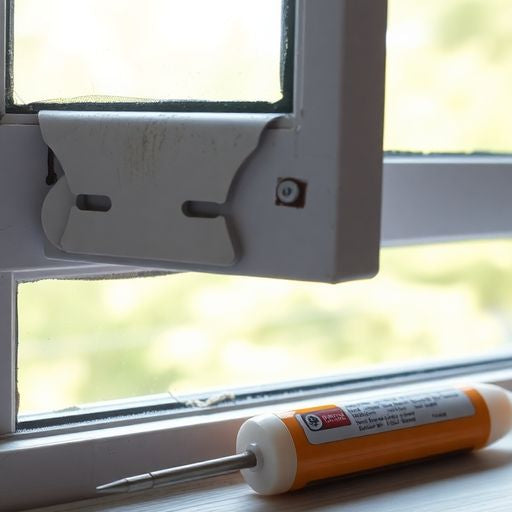 Close-up of a broken window latch and repair tools.