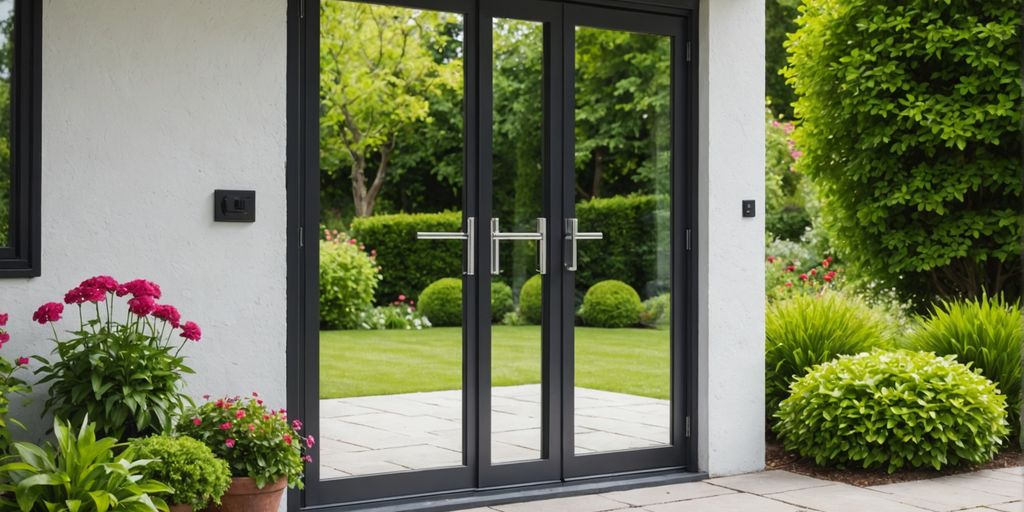 Modern patio door lock with garden view