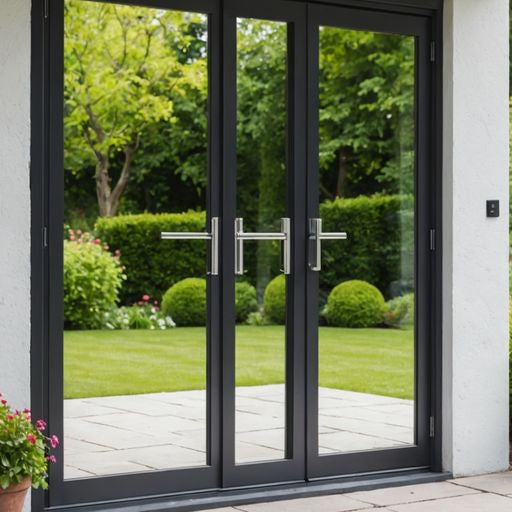 Modern patio door lock with garden view