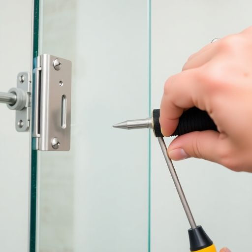 Person adjusting a shower door with tools.