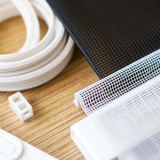 Window screen replacement parts on wooden surface