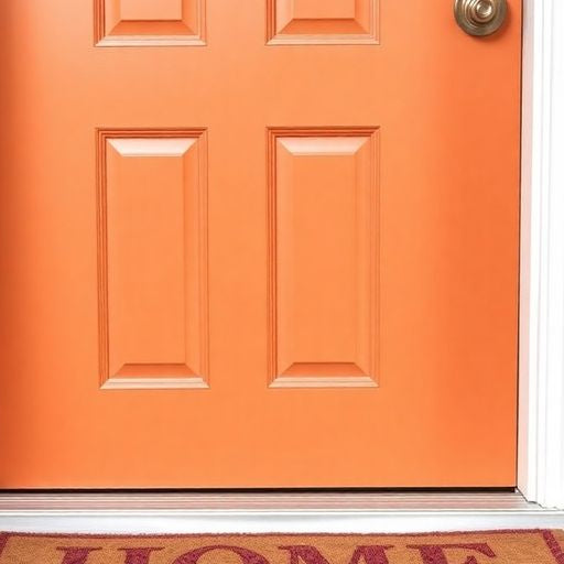 Weatherized door with seasonal elements like snow and leaves.