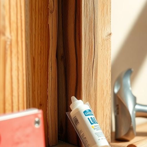 Uneven wooden door frame with repair tools nearby.