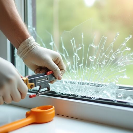 Person replacing a window pane in a vinyl window.