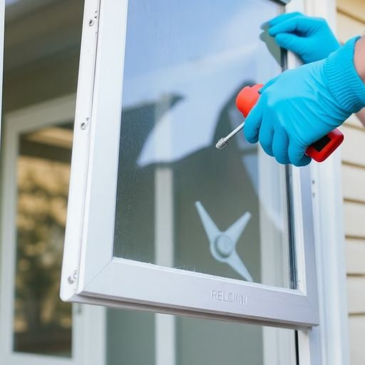 Person removing aluminum window with safety gloves and tools.