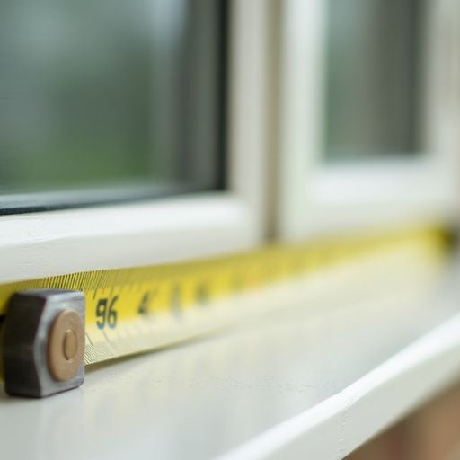 Measuring tape on a casement window frame.