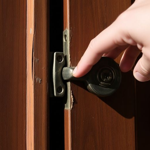 A hand trying to open a stuck wooden door.