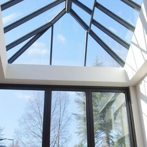 A modern atrium window in a cozy living room.