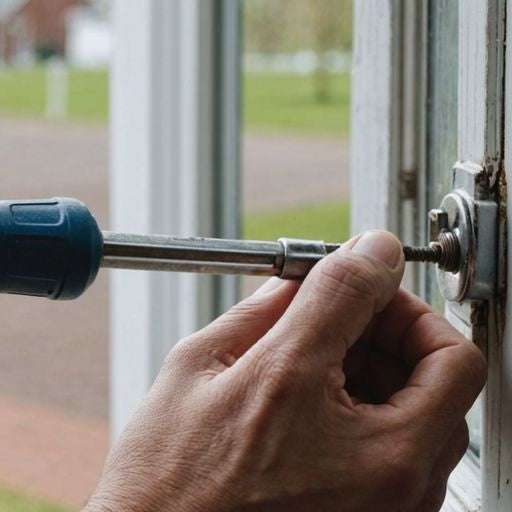 Person tightening window latch with screwdriver
