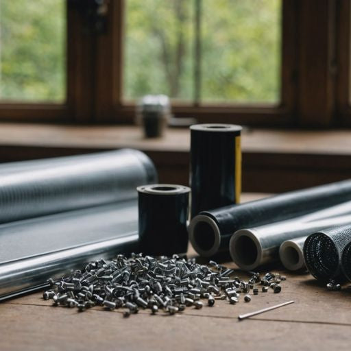 Essential window screen repair parts displayed on a table.