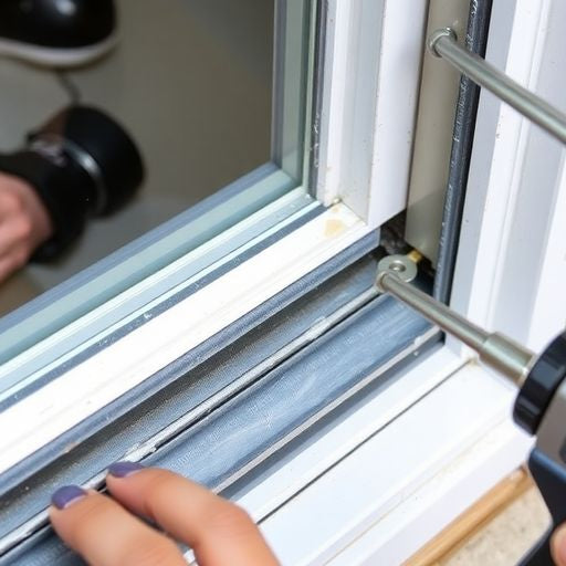 Sealing a sliding glass door frame with weather stripping.