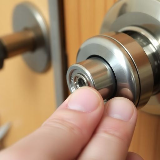 Hand removing lock cylinder from door knob.