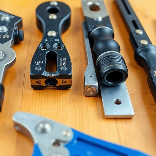 Various window jamb spreaders on a wooden surface.