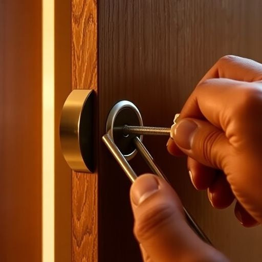Hand replacing a patio door lock with tools.