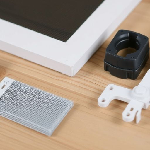 Essential screen window parts on wooden surface