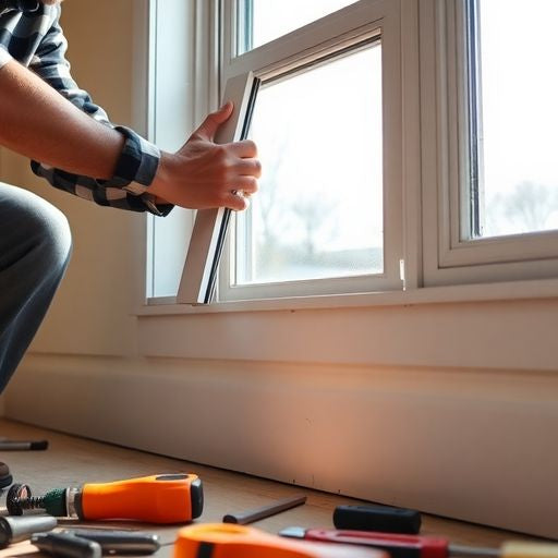 Person removing a mobile home window with tools nearby.