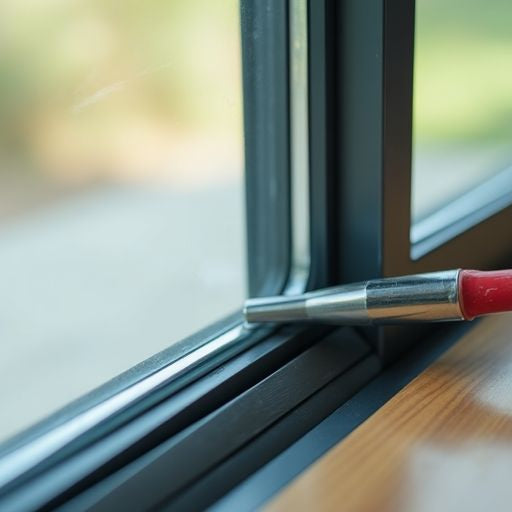 Close-up of sliding glass door roller adjustment.