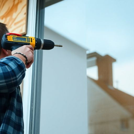 Homeowner boarding up windows with plywood for storm.