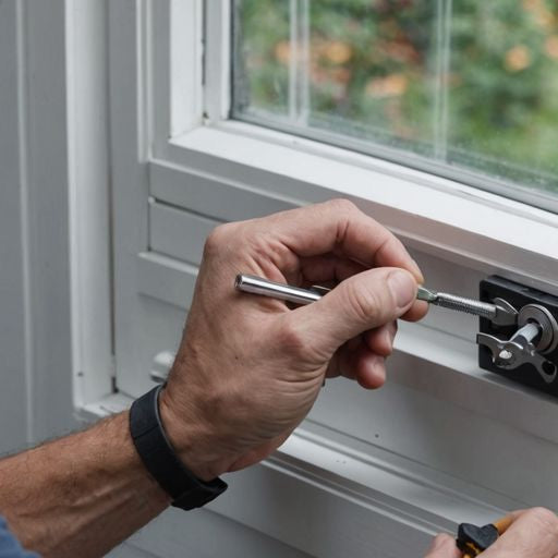 Installing a window latch on a white-framed window.