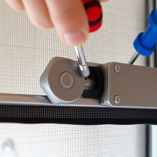 Close-up of a sliding screen door and tools.