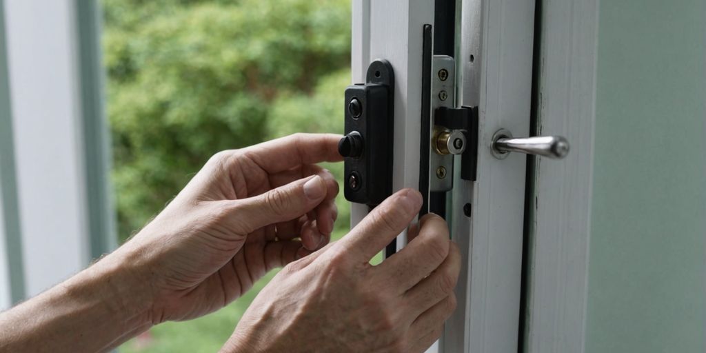 Installing a sliding glass door lock with a screwdriver.