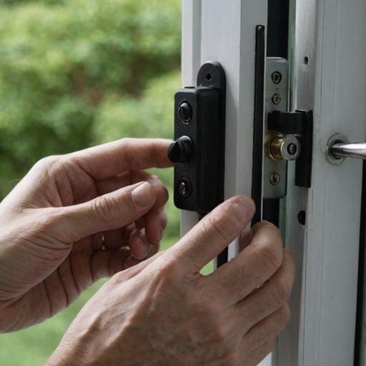 Installing a sliding glass door lock with a screwdriver.
