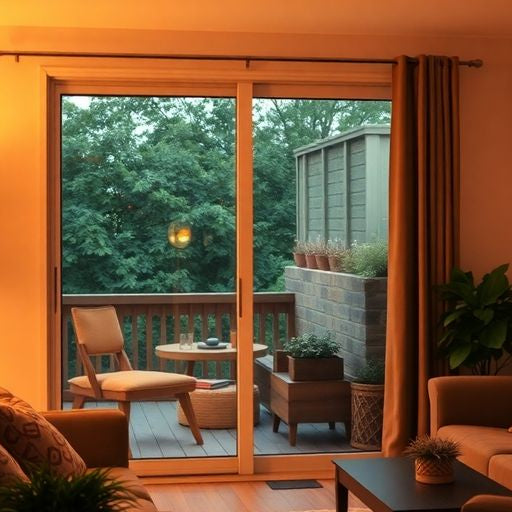 Cozy living room with draft-free sliding glass door.