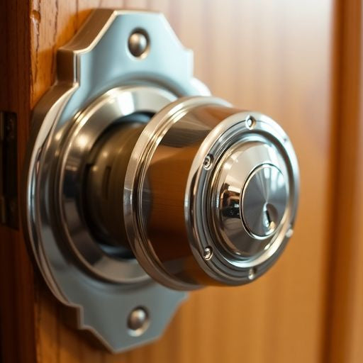 Close-up of a mortise lock on a wooden door.