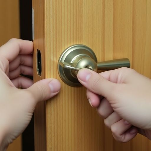 Hands changing a door handle with tools.