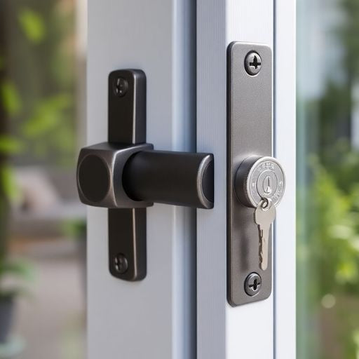 Close-up of a sliding door lock on a patio door.