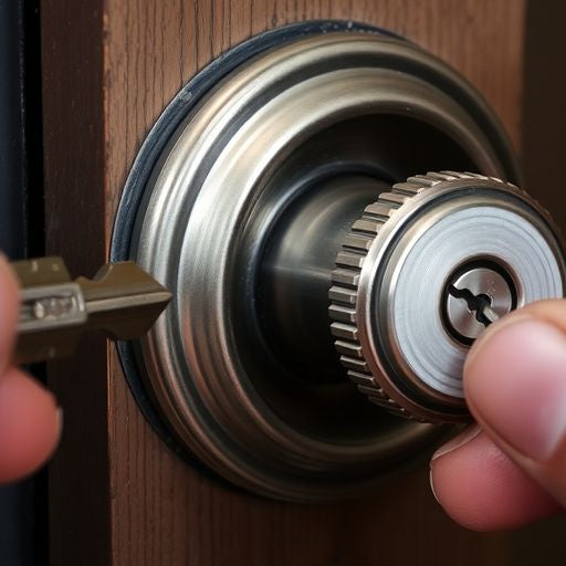 Close-up of a deadbolt lock with key inserted.