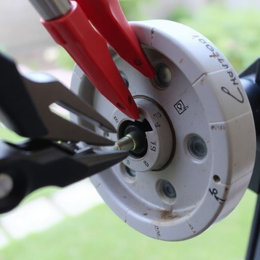 Close-up of repairing a patio screen door wheel.