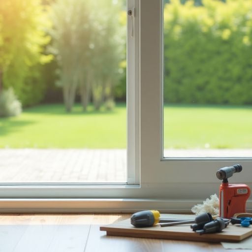 Sliding glass door with weather stripping tools beside it.