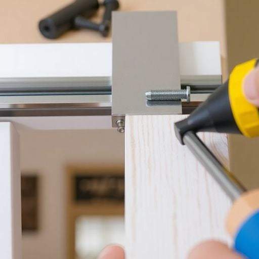 Pocket door guides installation with tools and track.