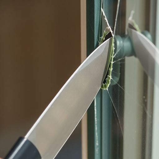 Knife unlocking a window in a close-up view.