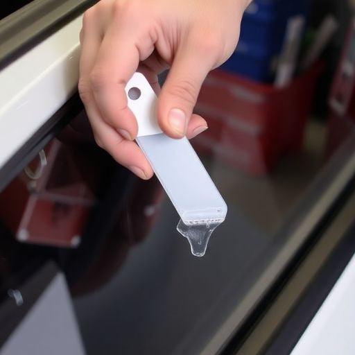 Person removing adhesive from a car door in garage.