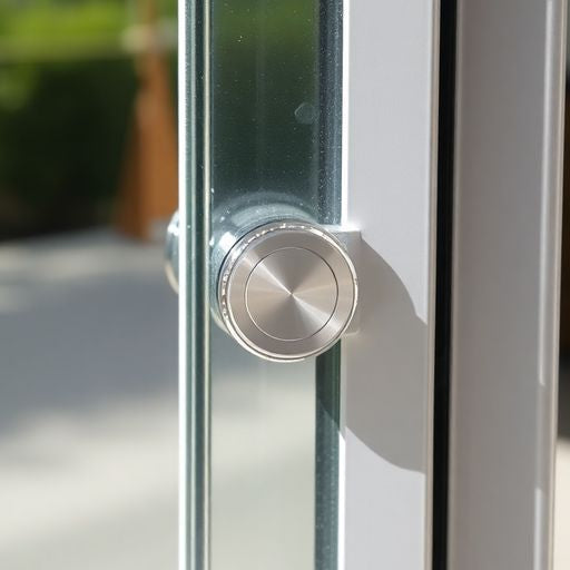 Close-up of a key lock on a sliding glass door.