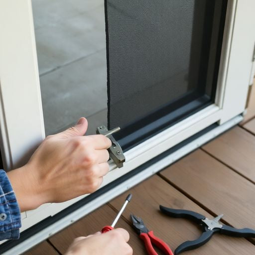 Person removing a screen door with tools on porch.